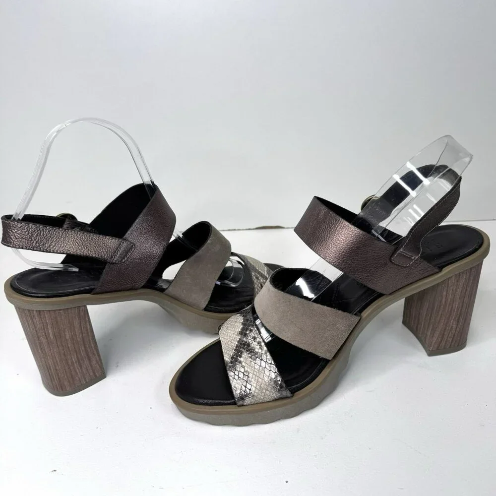 Hispanitas Sandals Size 10 Bronze Snakeskin Slingback Block Heel Platform Shoes
